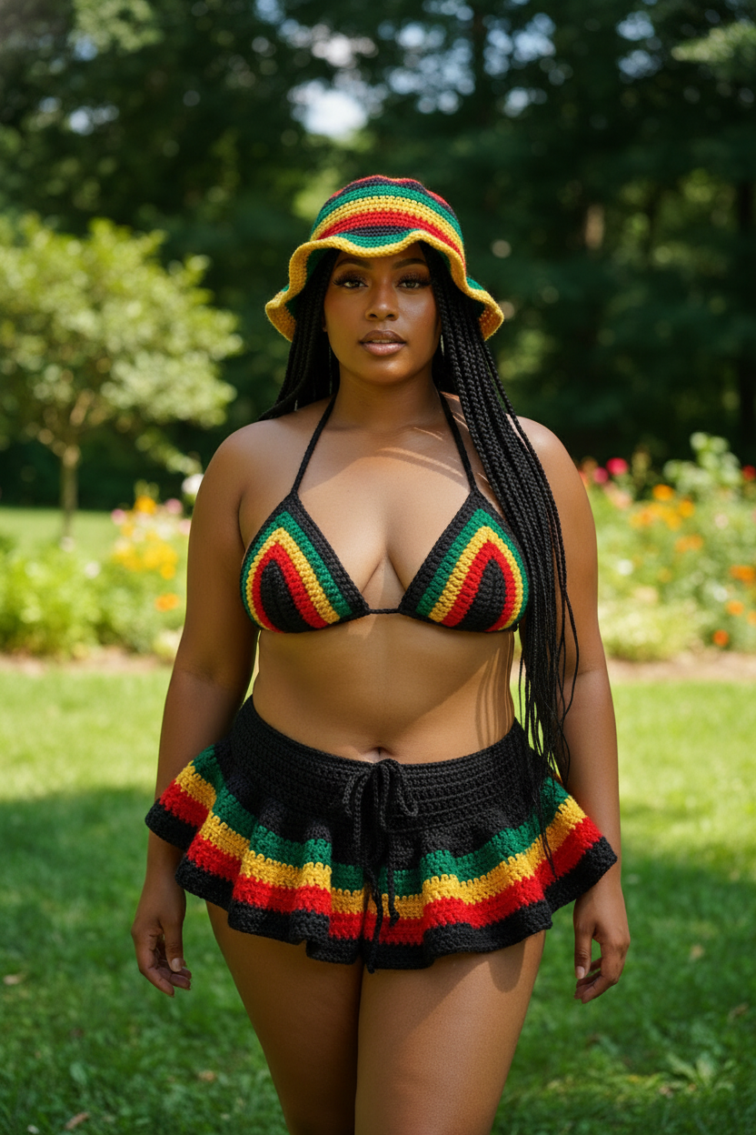 Handmade Jamaica Rasta Crochet Bikini 4-Piece Set with Micro Mini Skirt and Bucket Hat