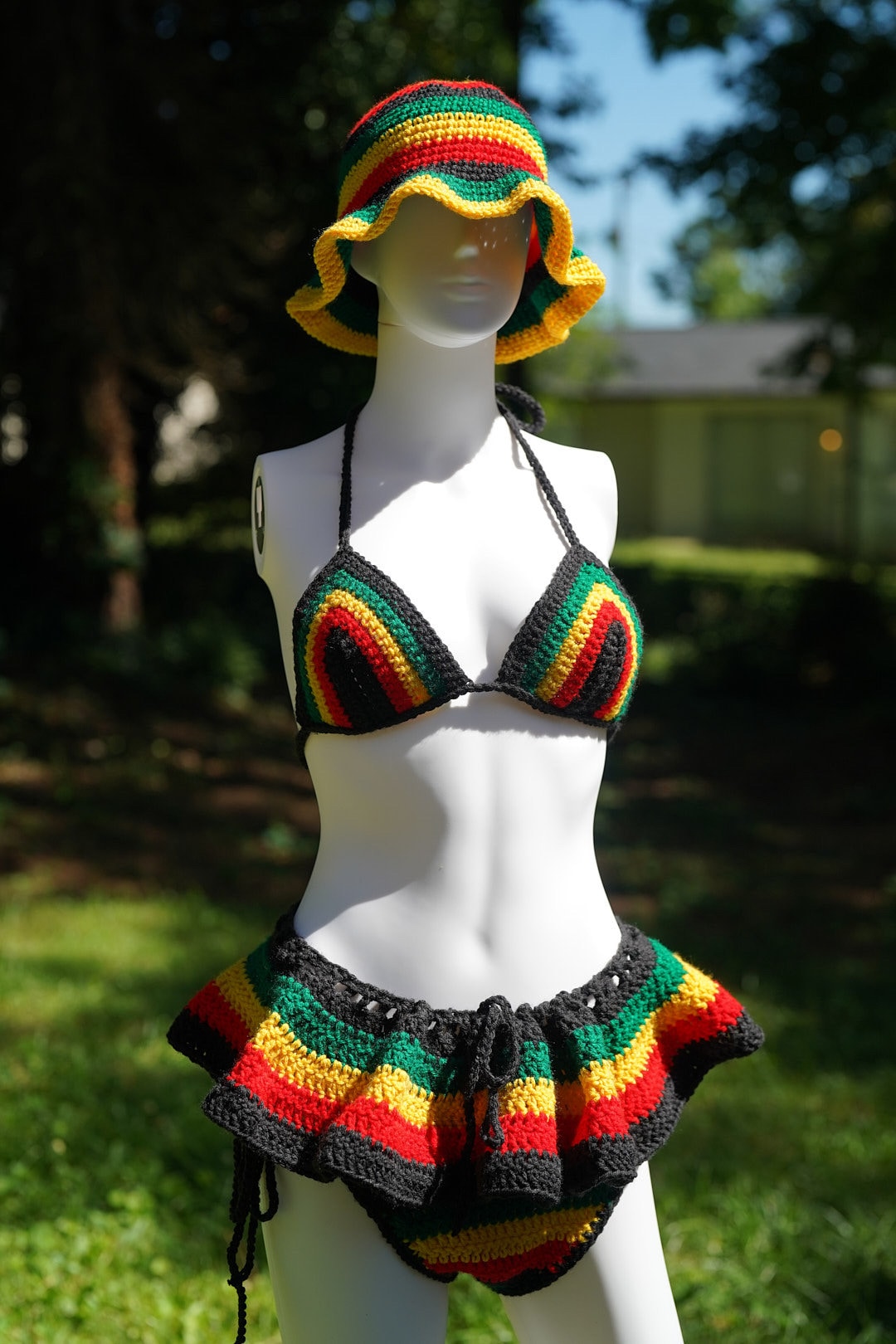 Handmade Jamaica Rasta Crochet Bikini 4-Piece Set with Micro Mini Skirt and Bucket Hat