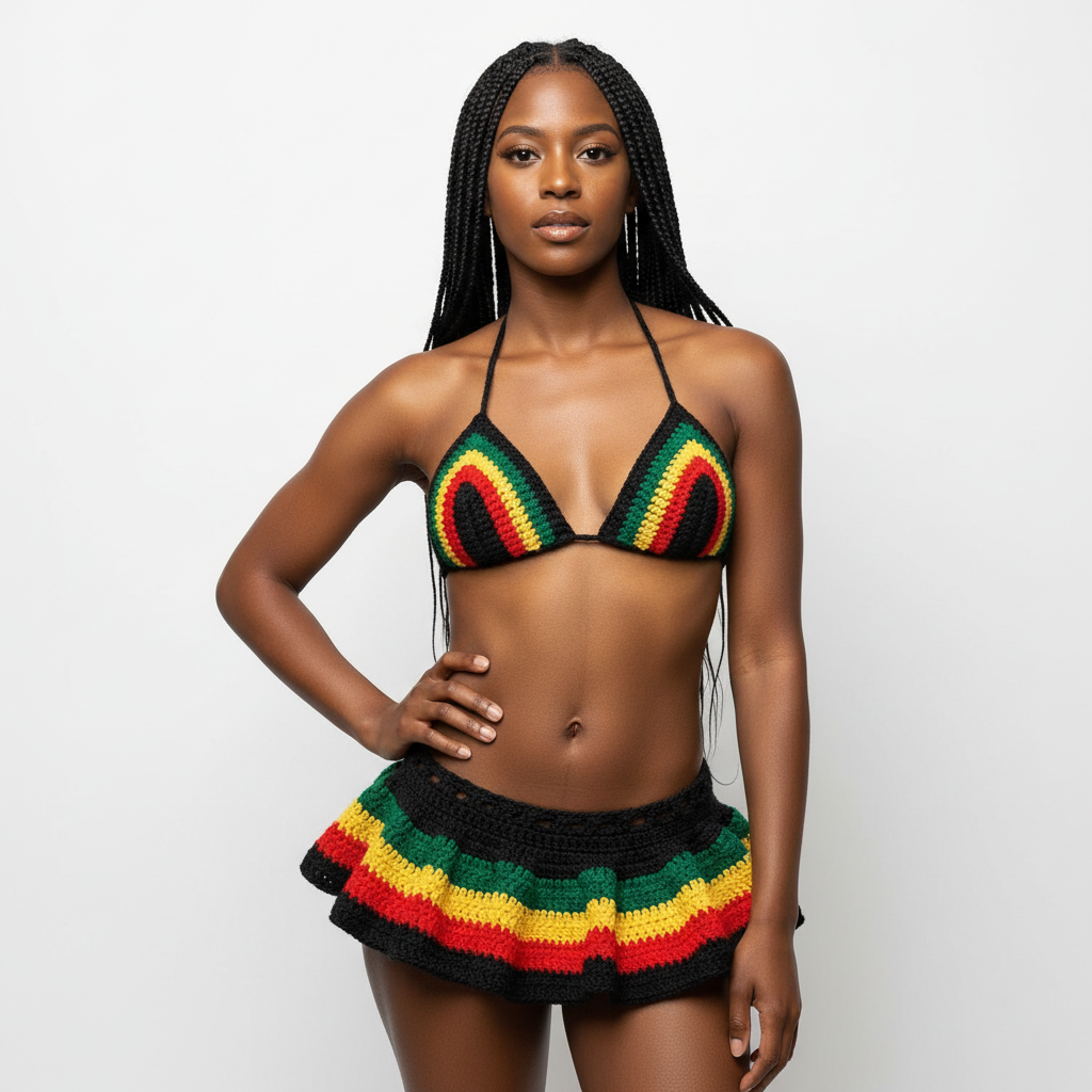 Handmade Jamaica Rasta Crochet Bikini 4-Piece Set with Micro Mini Skirt and Bucket Hat