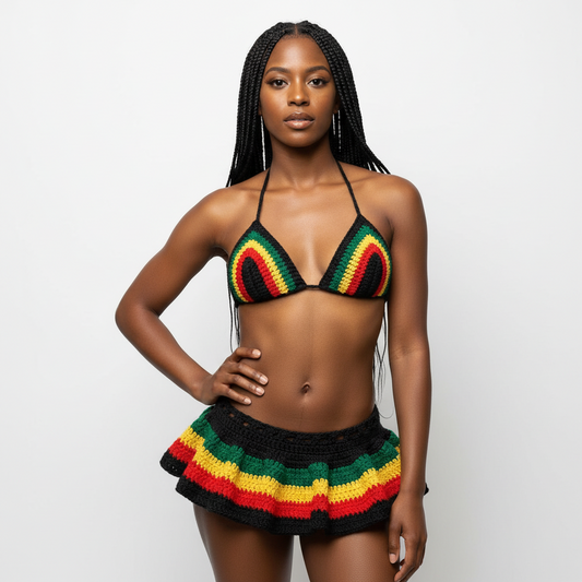 Handmade Jamaica Rasta Crochet Bikini 4-Piece Set with Micro Mini Skirt and Bucket Hat