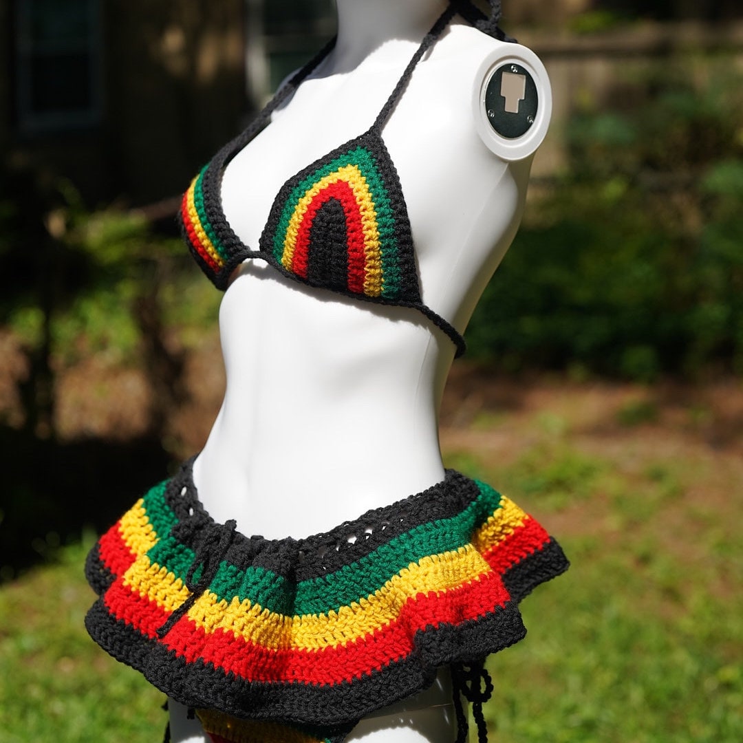 Handmade Jamaica Rasta Crochet Bikini 4-Piece Set with Micro Mini Skirt and Bucket Hat