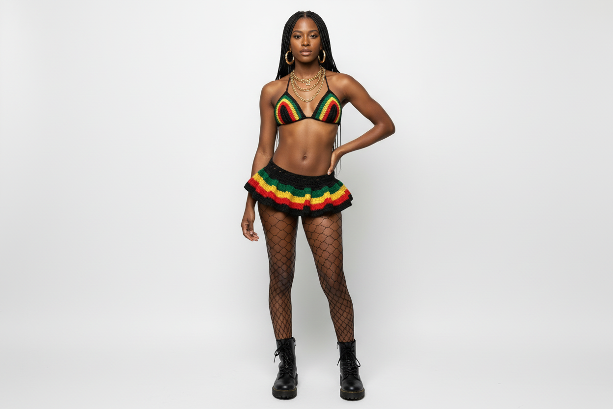 Handmade Jamaica Rasta Crochet Bikini 4-Piece Set with Micro Mini Skirt and Bucket Hat
