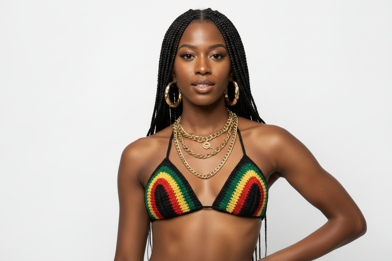 Handmade Jamaica Rasta Crochet Bikini 4-Piece Set with Micro Mini Skirt and Bucket Hat
