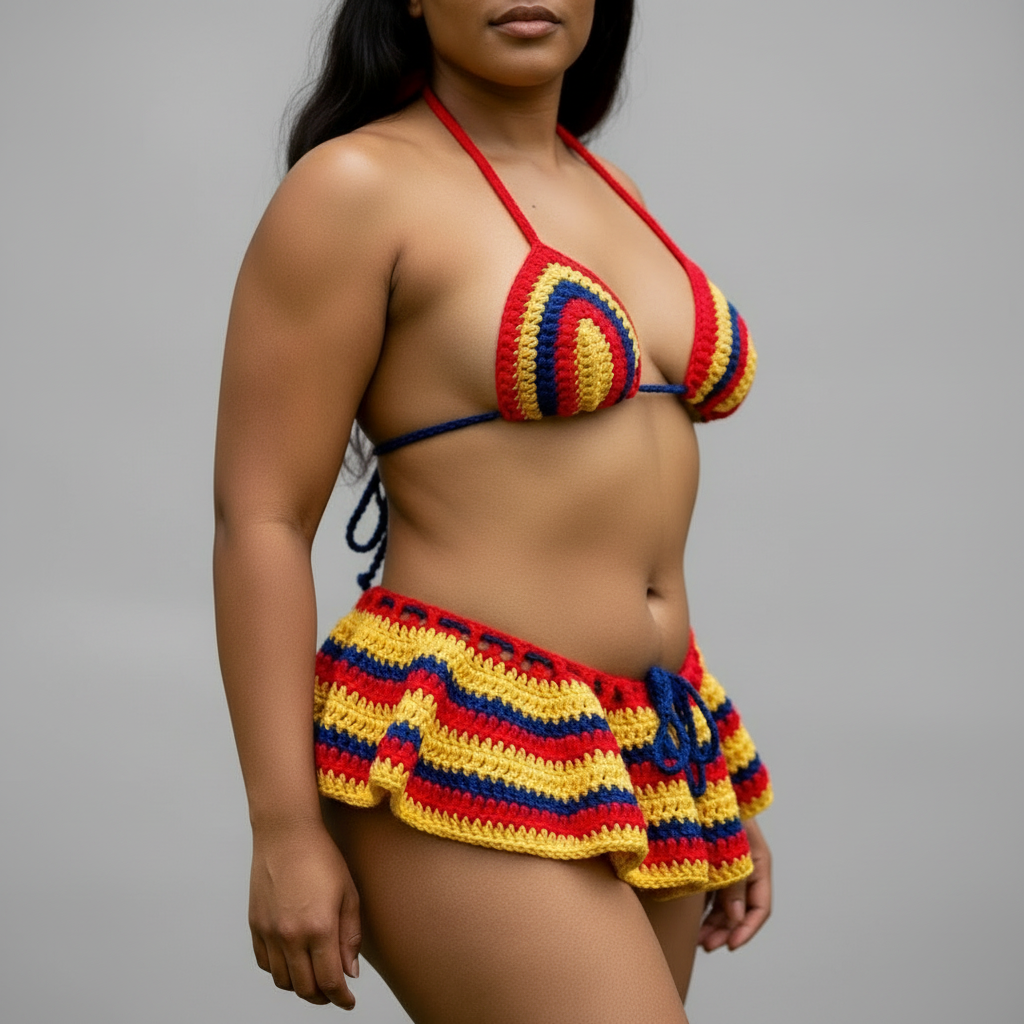 Handmade Crochet Micro Mini Skirt Bikini 4-Piece Set with Bucket Hat - Colombia Colors