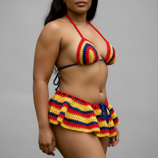 Handmade Crochet Micro Mini Skirt Bikini 4-Piece Set with Bucket Hat - Colombia Colors
