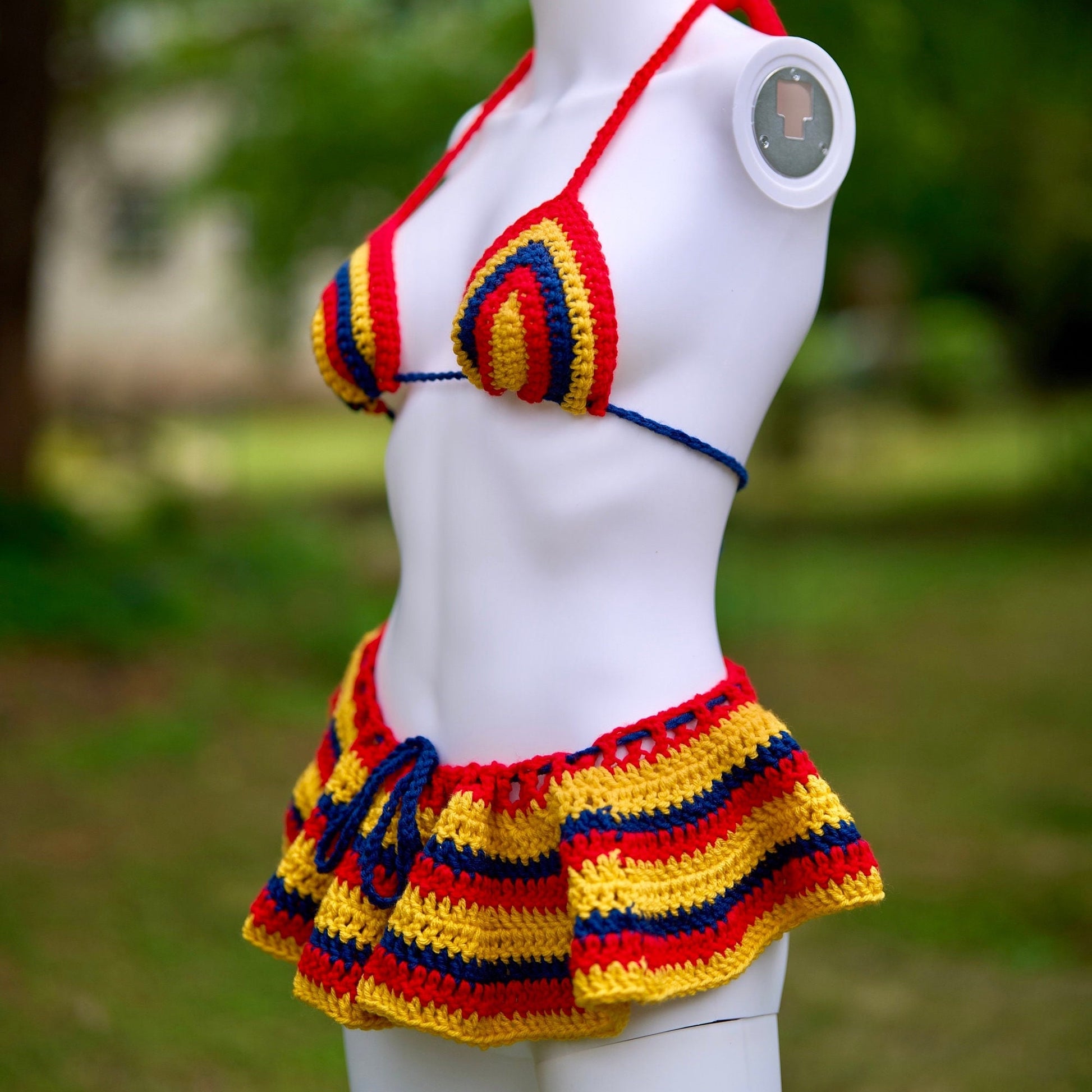 Handmade Crochet Micro Mini Skirt Bikini 4-Piece Set with Bucket Hat - Colombia Colors