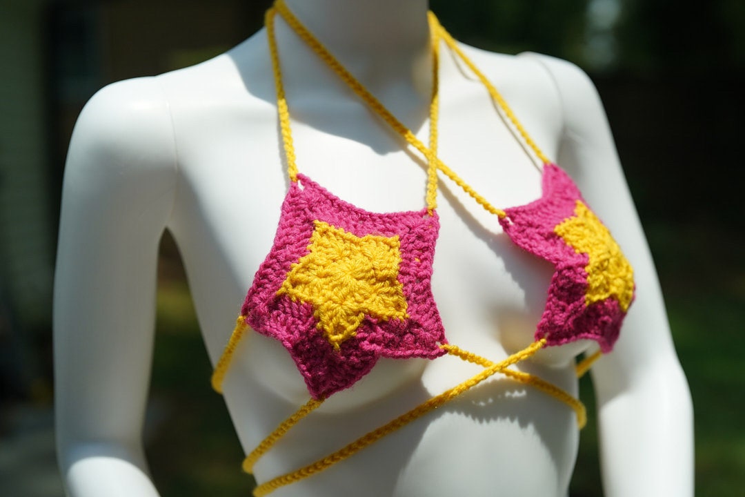 Handmade Star Crochet Festival Bikini Set Yellow and Pink
