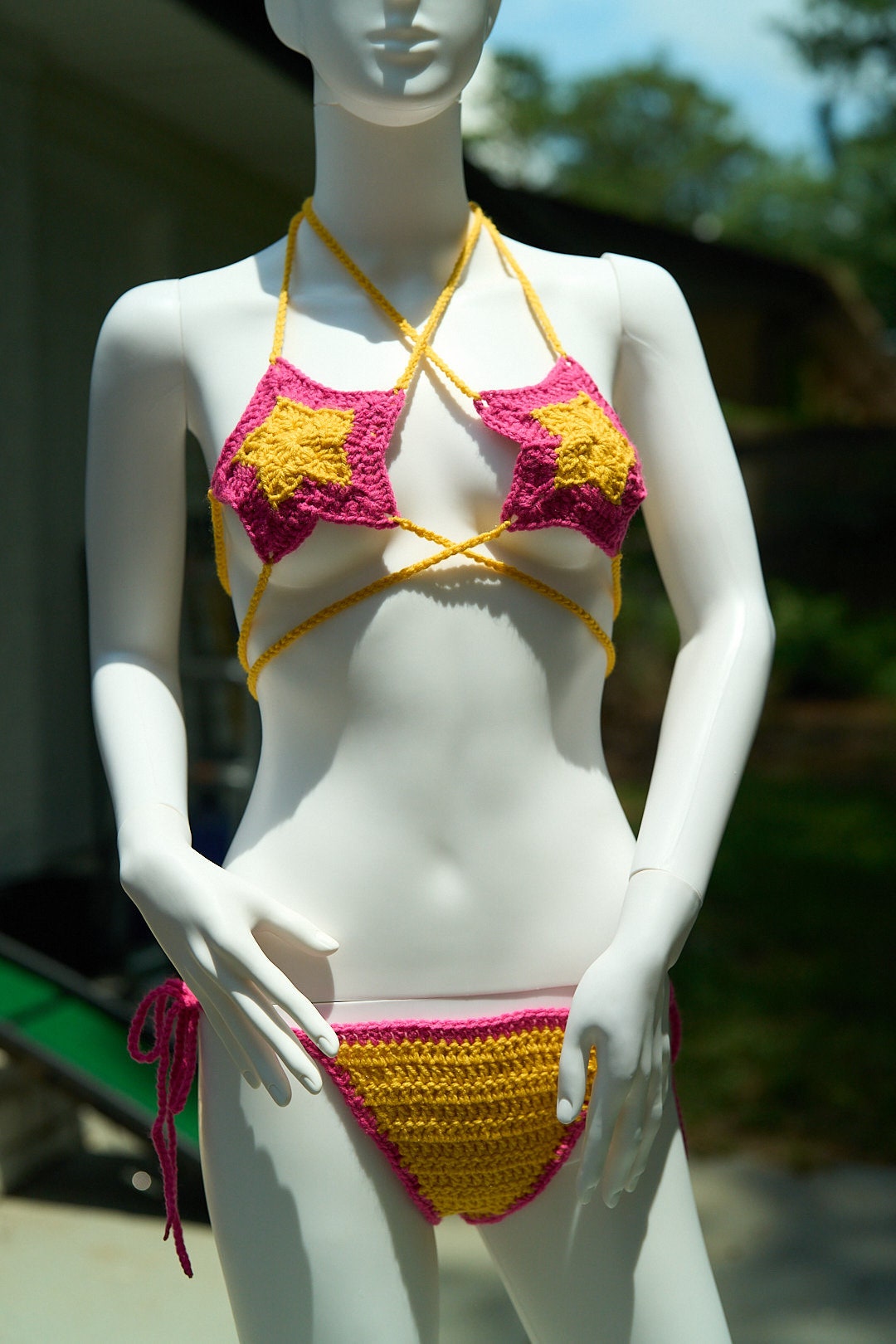 Handmade Star Crochet Festival Bikini Set Yellow and Pink