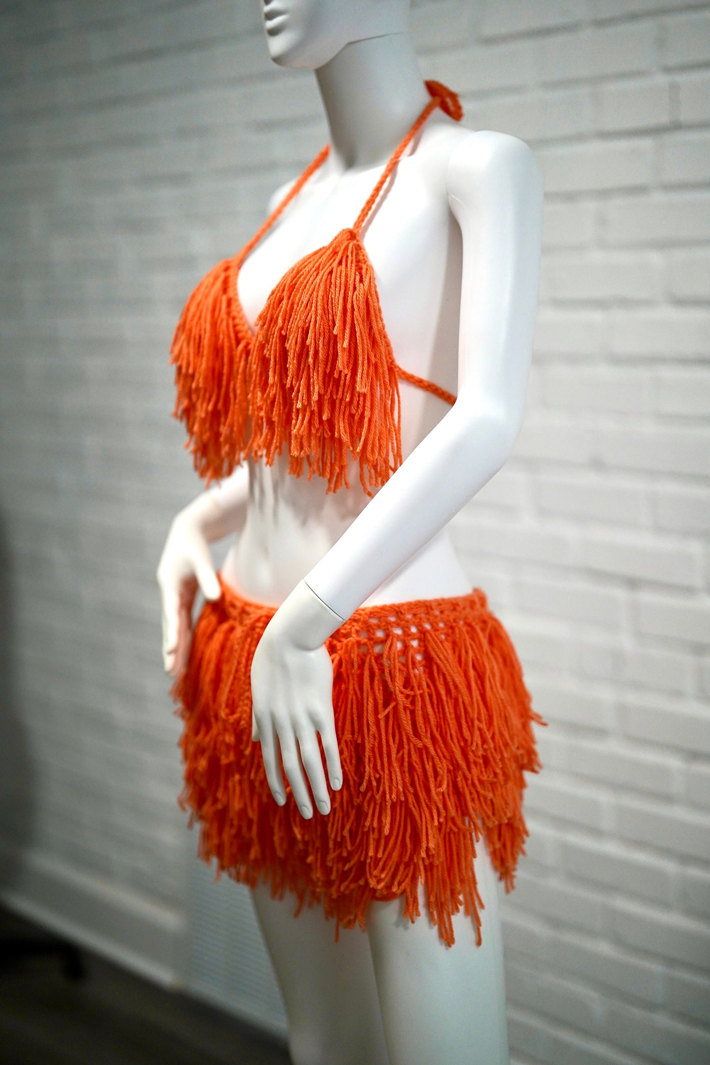 Handmade Crochet Fringe Festival Set with Bikini top and Mesh Shorts