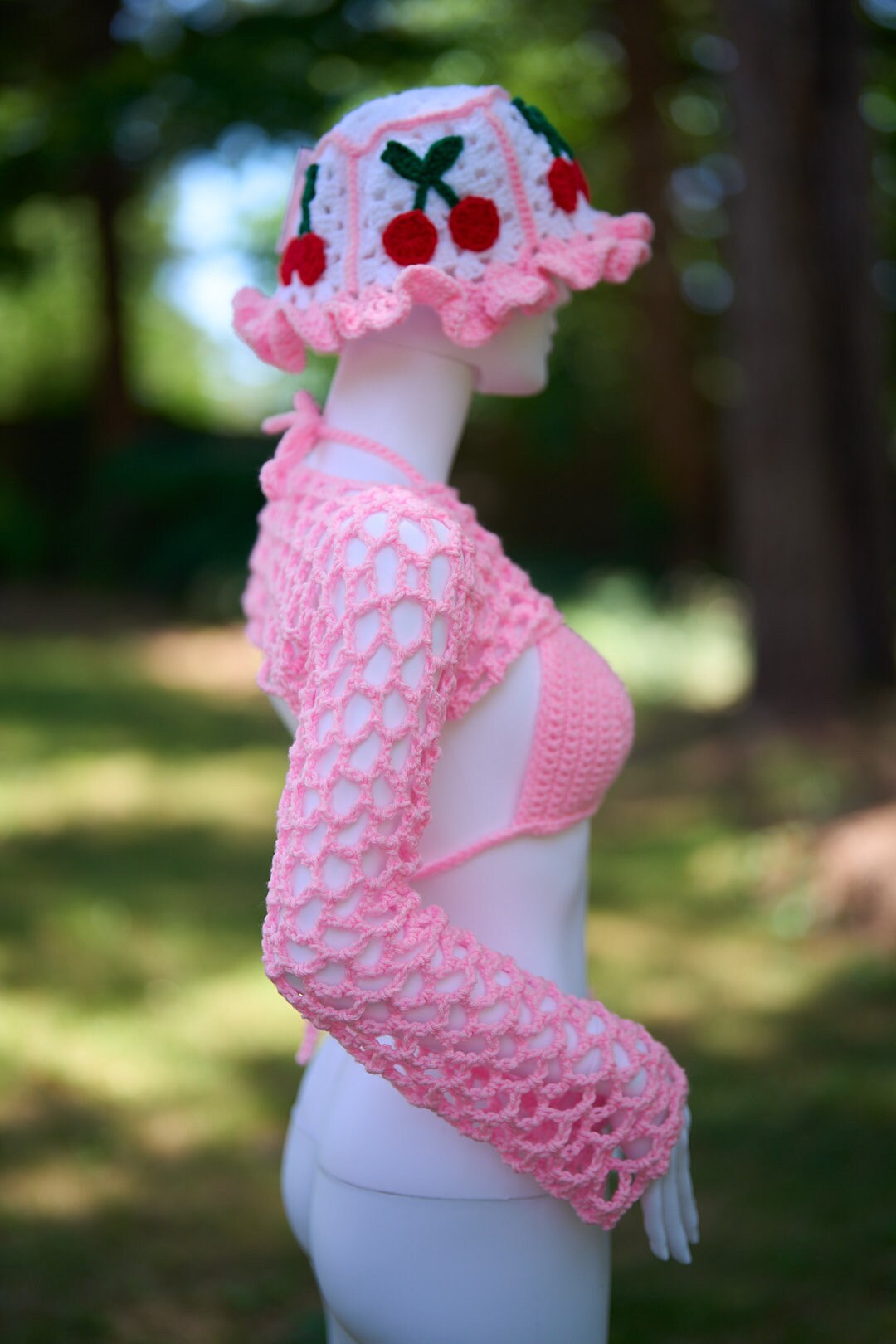 Handmade Cherry Bucket Hat with Pink Ruffle Brim