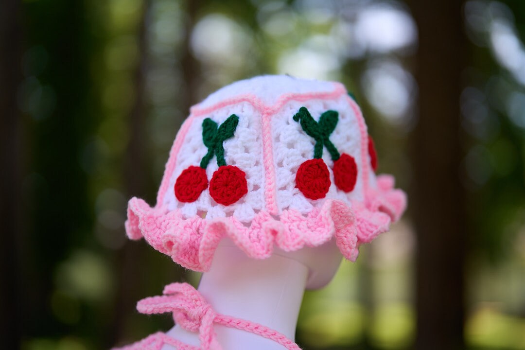 Handmade Cherry Bucket Hat with Pink Ruffle Brim