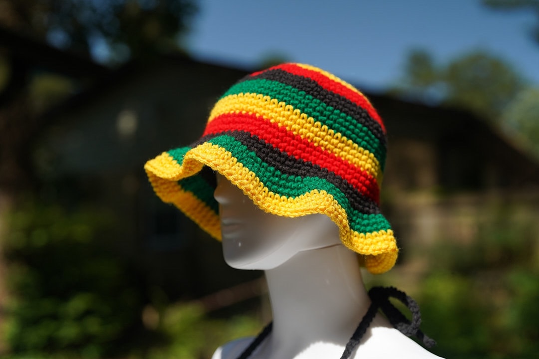 Handmade Jamaica Rasta Crochet Bikini 4-Piece Set with Micro Mini Skirt and Bucket Hat