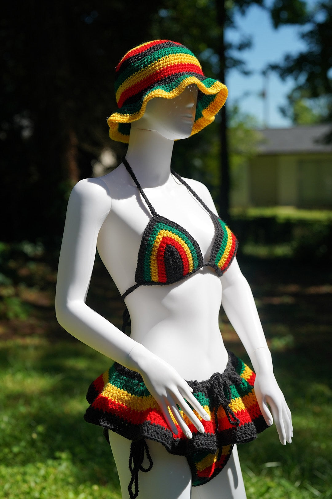 Handmade Jamaica Rasta Crochet Bikini 4-Piece Set with Micro Mini Skirt and Bucket Hat