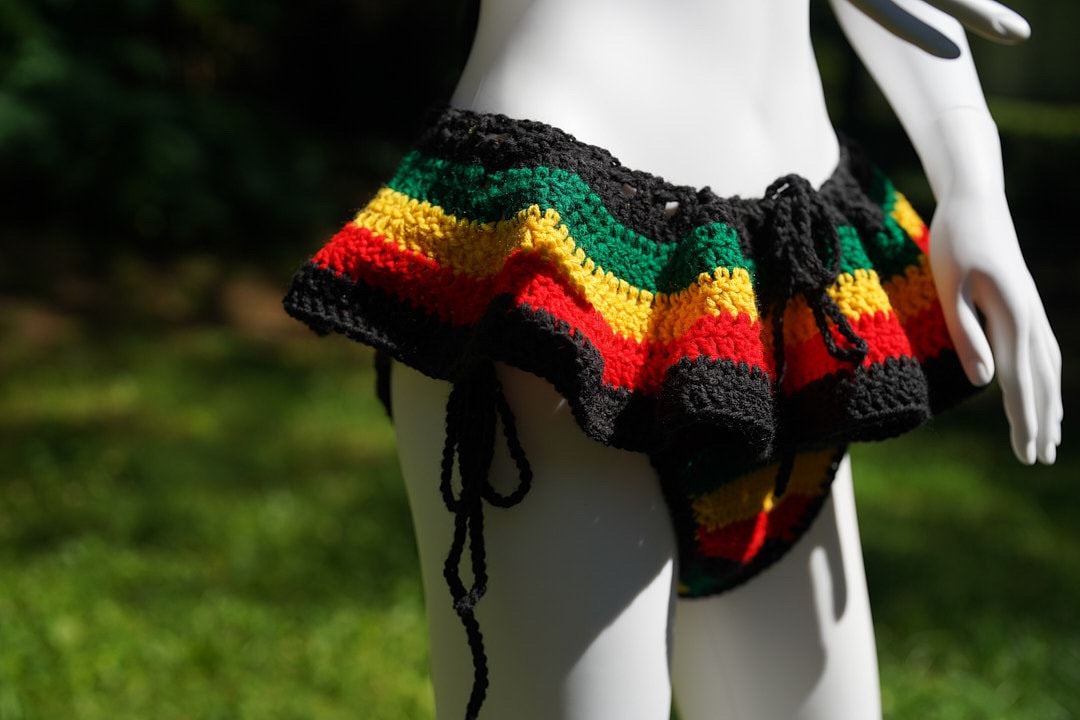 Handmade Jamaica Rasta Crochet Bikini 4-Piece Set with Micro Mini Skirt and Bucket Hat