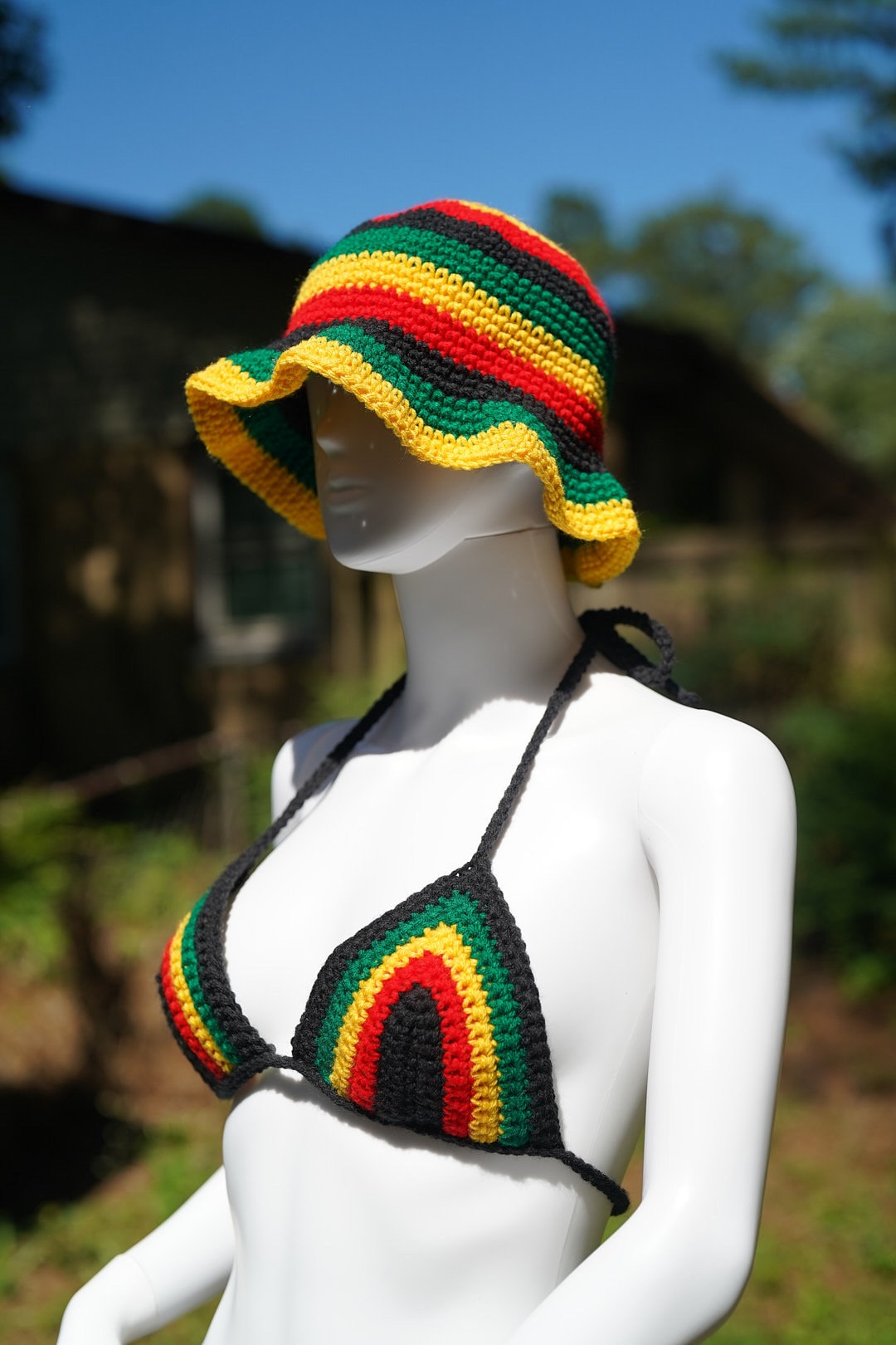 Handmade Jamaica Rasta Crochet Bikini 4-Piece Set with Micro Mini Skirt and Bucket Hat