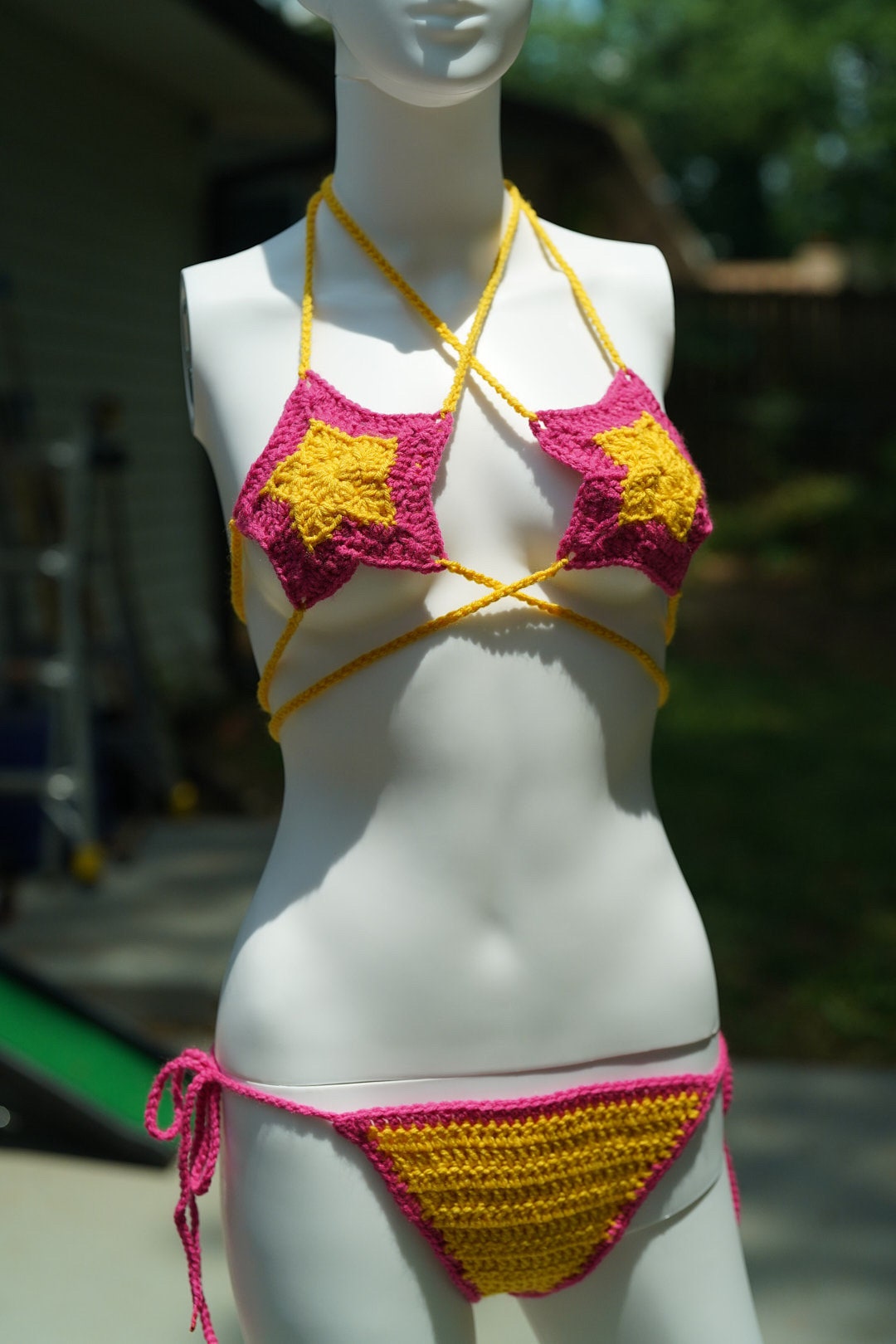 Handmade Star Crochet Festival Bikini Set Yellow and Pink