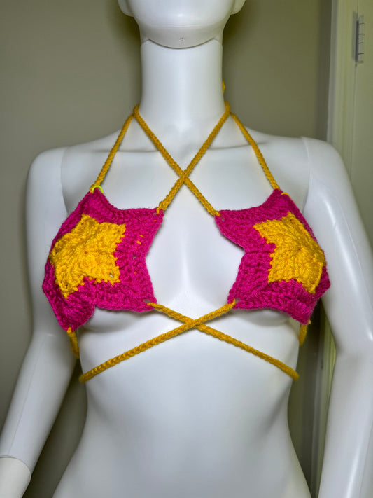 Handmade Star Crochet Festival Bikini Set Yellow and Pink