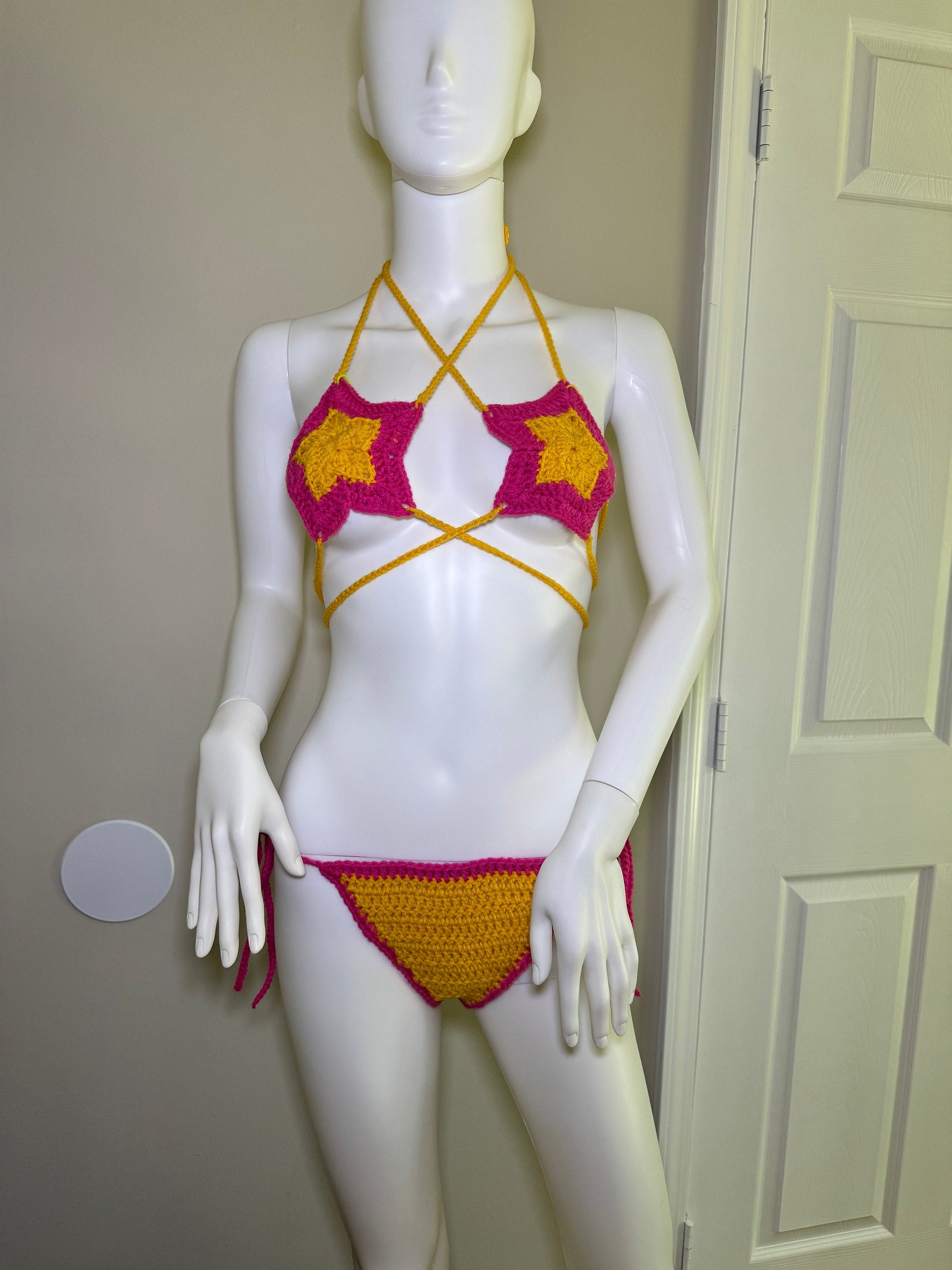 Handmade Star Crochet Festival Bikini Set Yellow and Pink