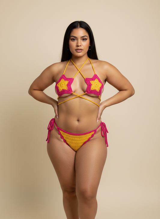 Handmade Star Crochet Festival Bikini Set Yellow and Pink
