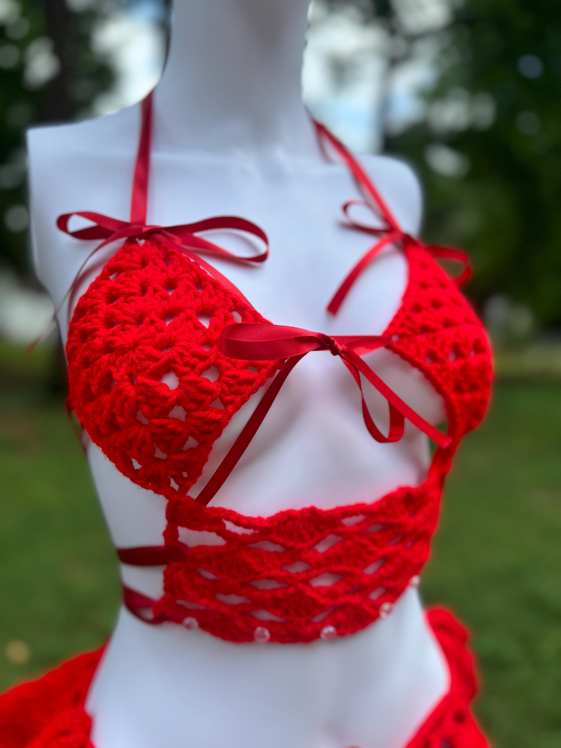 Handmade Crochet Bikini 3-Piece Set with Micro Mini Skirt & Coquette Bow Details