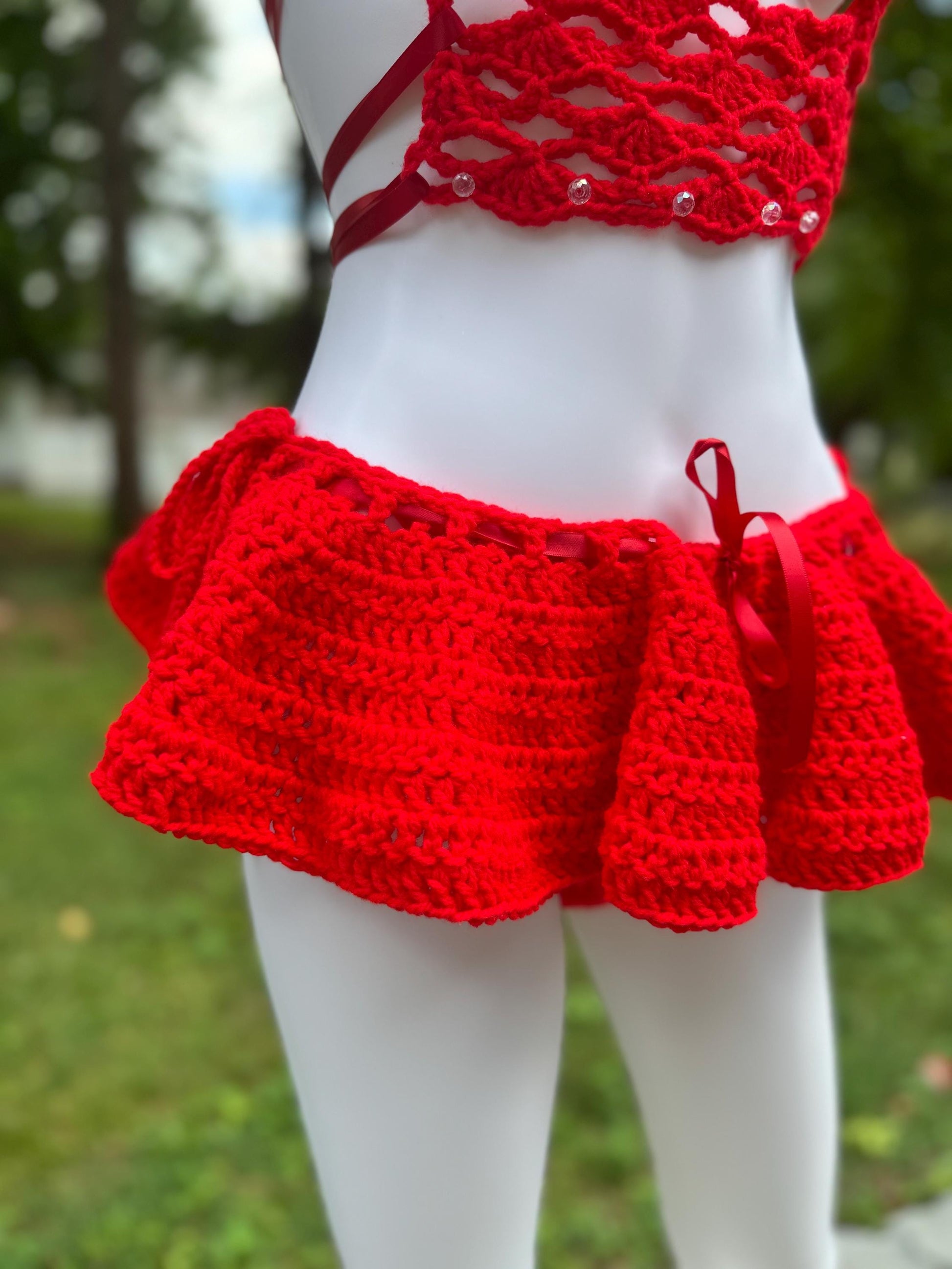 Handmade Crochet Bikini 3-Piece Set with Micro Mini Skirt & Coquette Bow Details