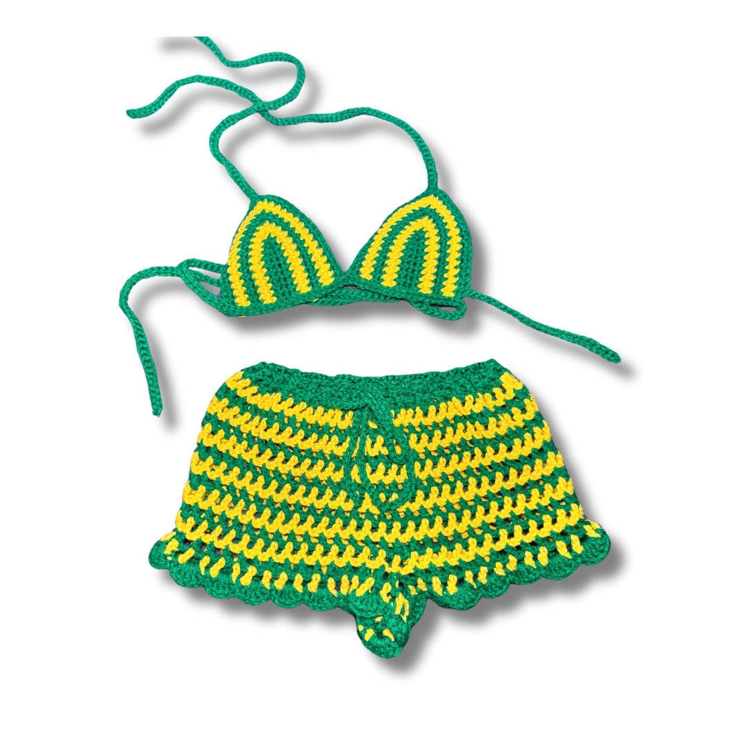 Brazil Handmade Mesh Crochet Shorts with Bikini Top Matching Set