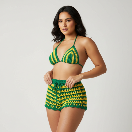 Brazil Handmade Mesh Crochet Shorts with Bikini Top Matching Set