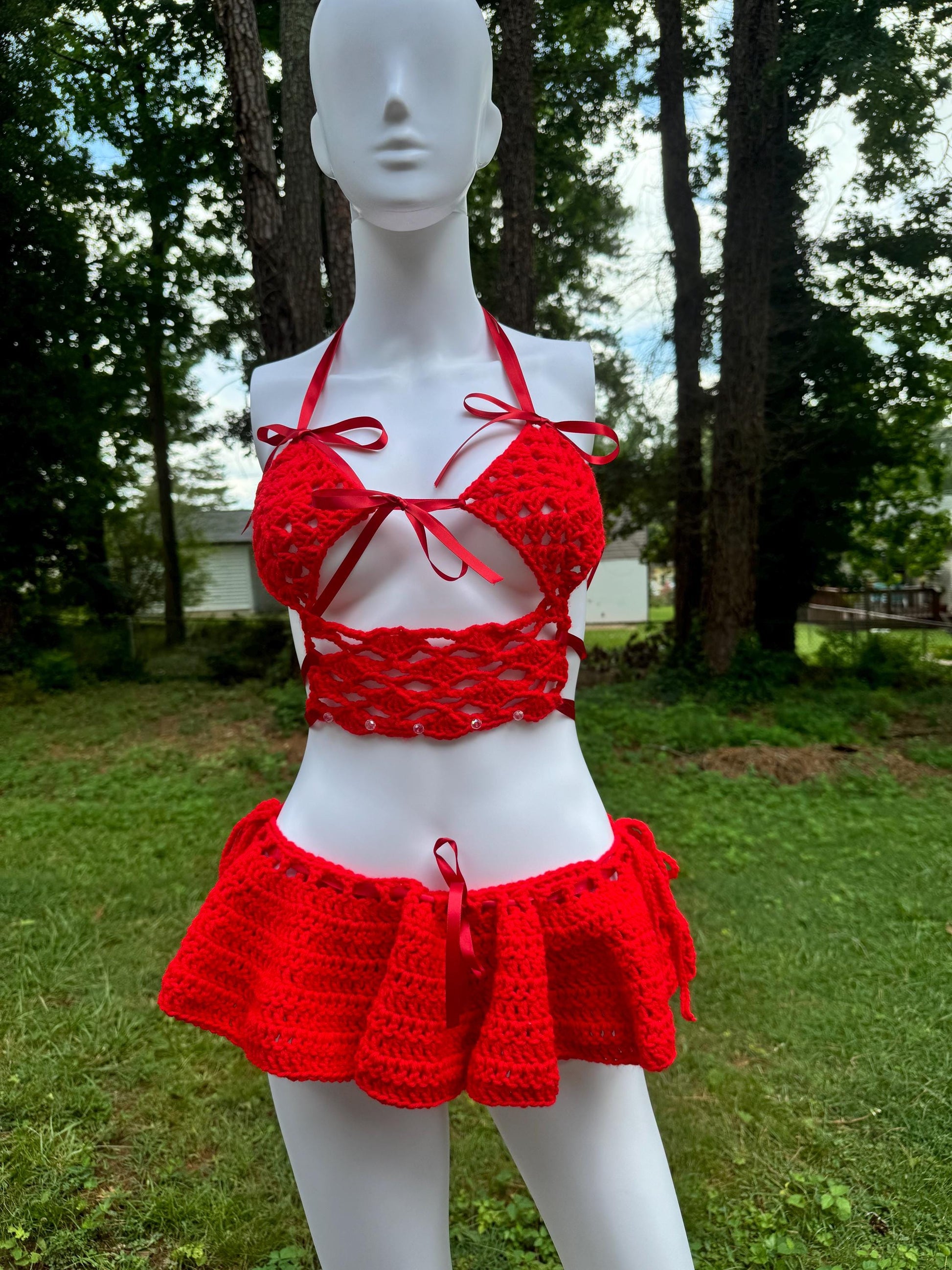 Handmade Crochet Bikini 3-Piece Set with Micro Mini Skirt & Coquette Bow Details