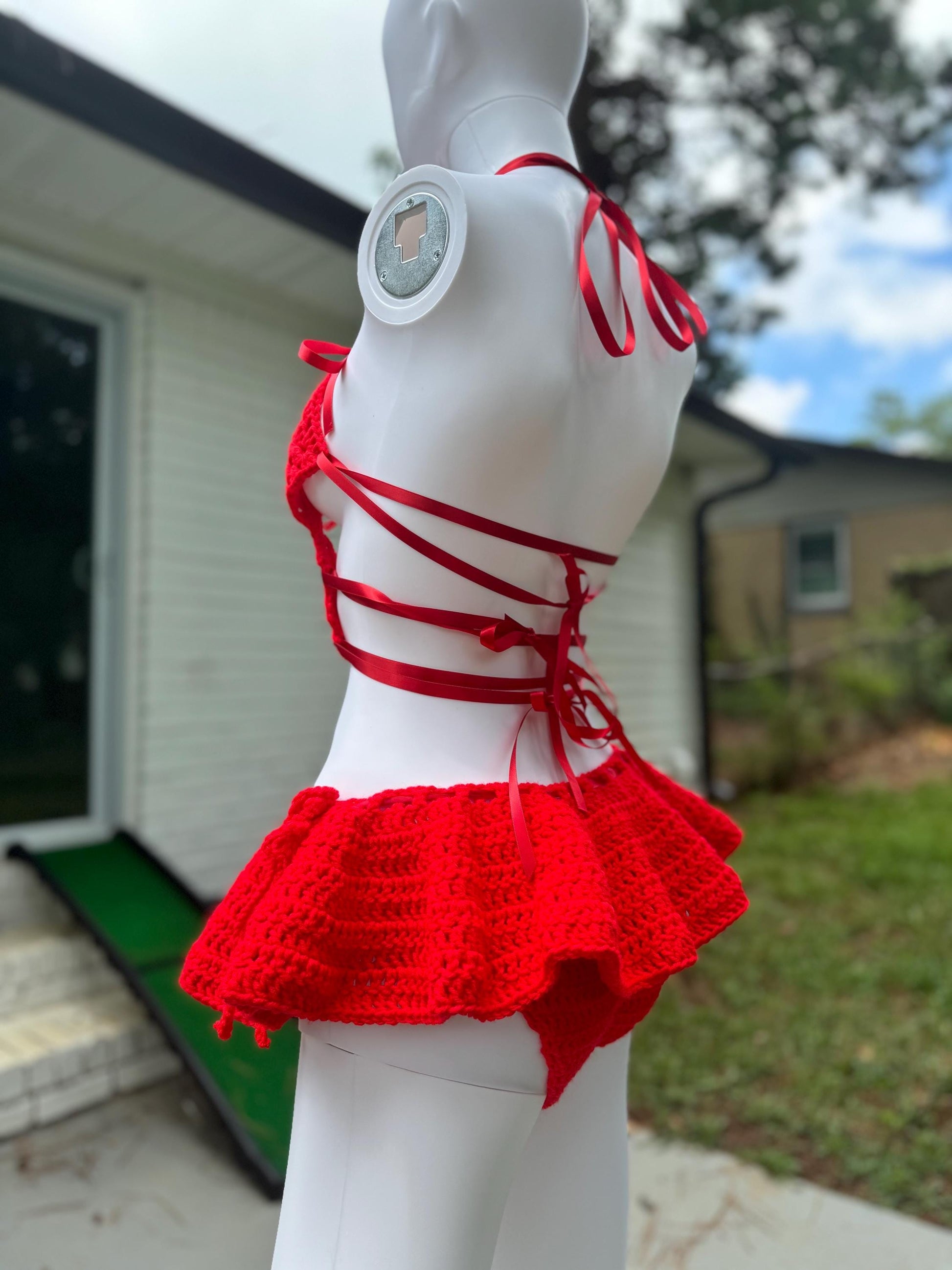 Handmade Crochet Bikini 3-Piece Set with Micro Mini Skirt & Coquette Bow Details