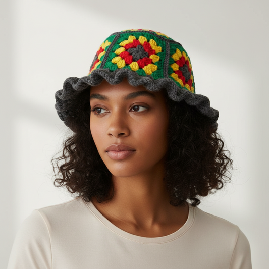 Handmade Jamaica Rasta Crochet Granny Square Bucket Hat with Ruffle Brim