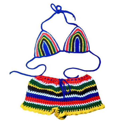 Handmade Mesh Crochet Shorts & Bikini Top Matching Vacation Festival Set in South Africa Flag Colors