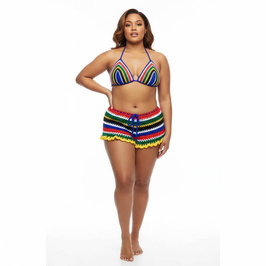 Handmade Mesh Crochet Shorts & Bikini Top Matching Vacation Festival Set in South Africa Flag Colors