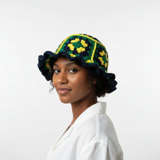 Jamaica Handmade Crochet Granny Square Bucket Hat with Ruffle Brim
