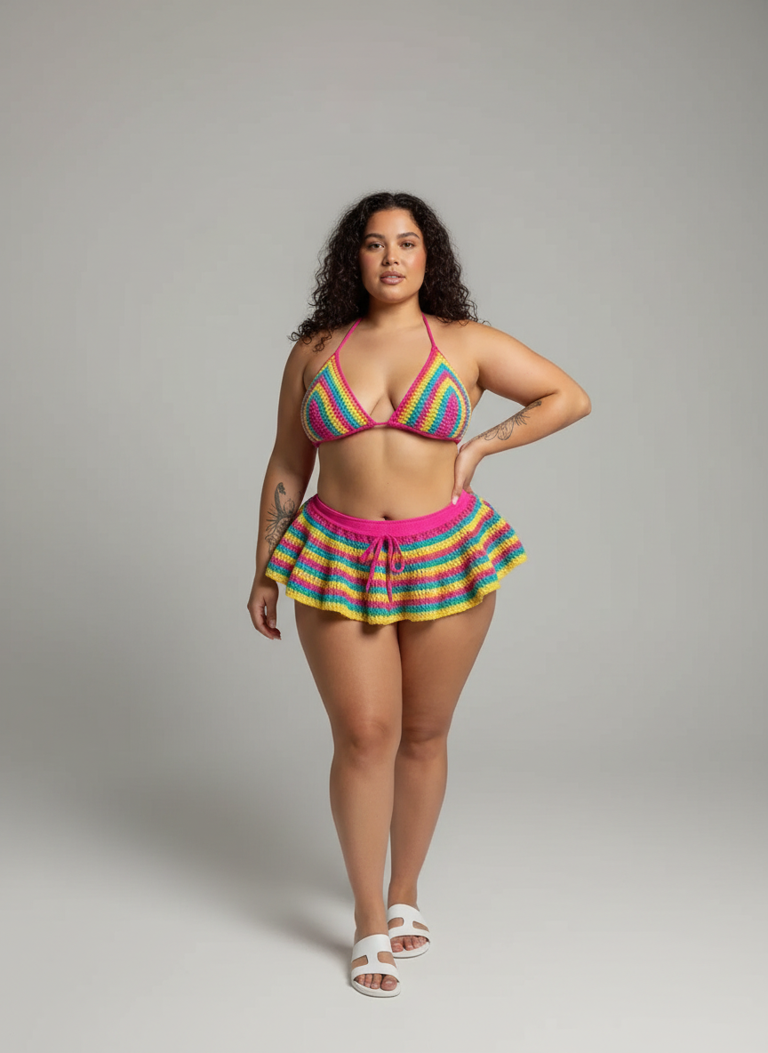 Handmade Crochet Candy Set - Matching Set with Bikini top & Tutu cover up Skirt for beach vacation, raves and festivals