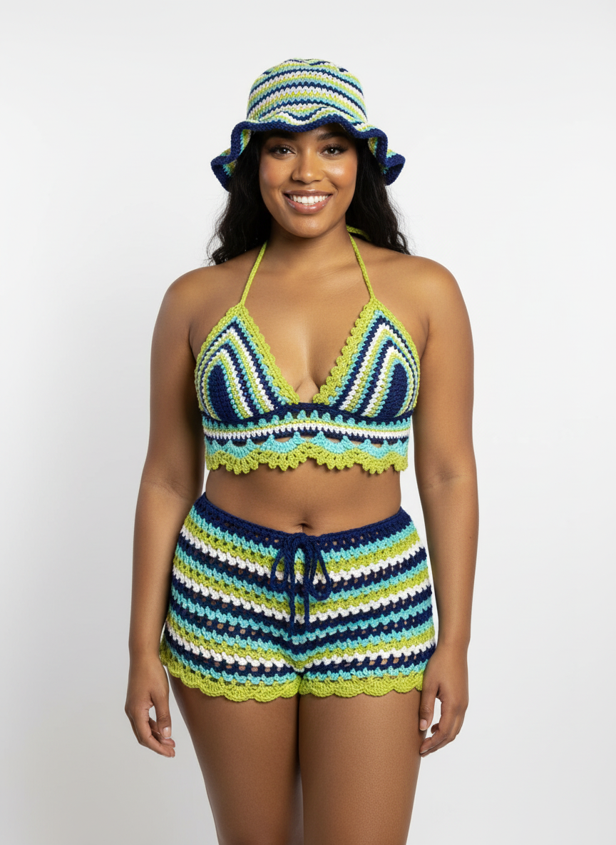 Handmade Seafoam Bohemian Crochet Shorts with Crop Top and Bucket Hat Matching Set for Festival and Vacation