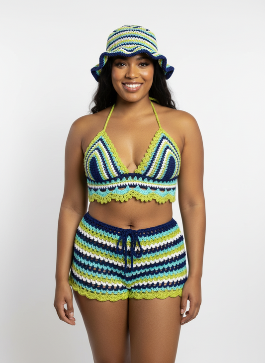 Handmade Seafoam Bohemian Crochet Shorts with Crop Top and Bucket Hat Matching Set for Festival and Vacation