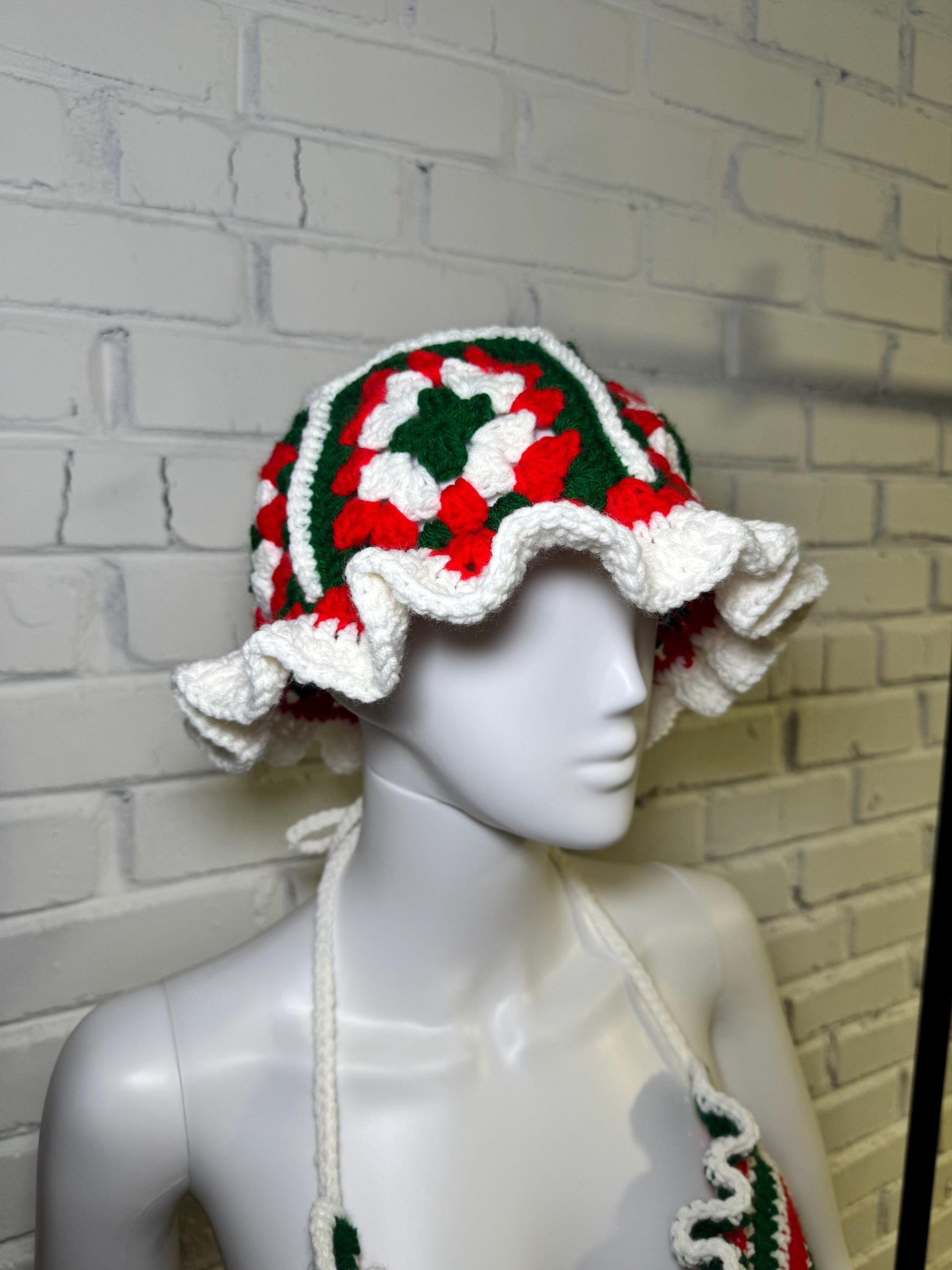Handmade Mexico Flag Crochet 4-Piece Matching Set with Mini Skirt and Ruffled Bikini Top