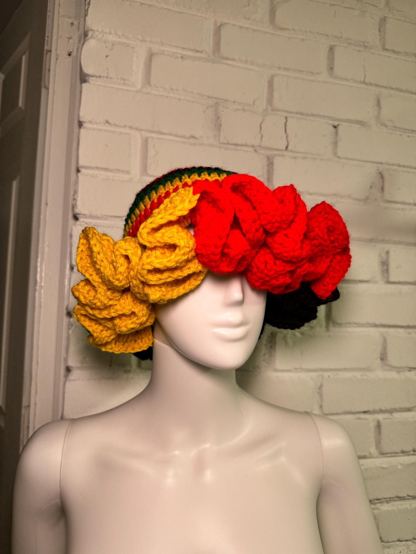 Handmade Crochet Ruffle Bucket Hat - Rasta Jamaica Colors