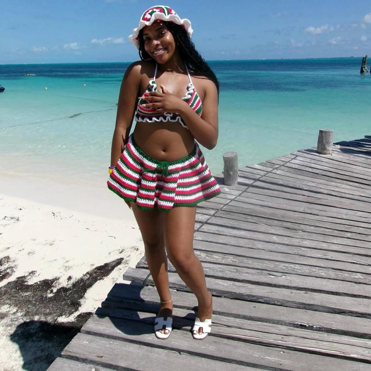 Handmade Mexico Flag Crochet 4-Piece Matching Set with Mini Skirt and Ruffled Bikini Top