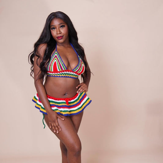 Handmade South Africa Crochet Bikini 3 Piece Matching Set with Micro Mini Skirt Cover Up