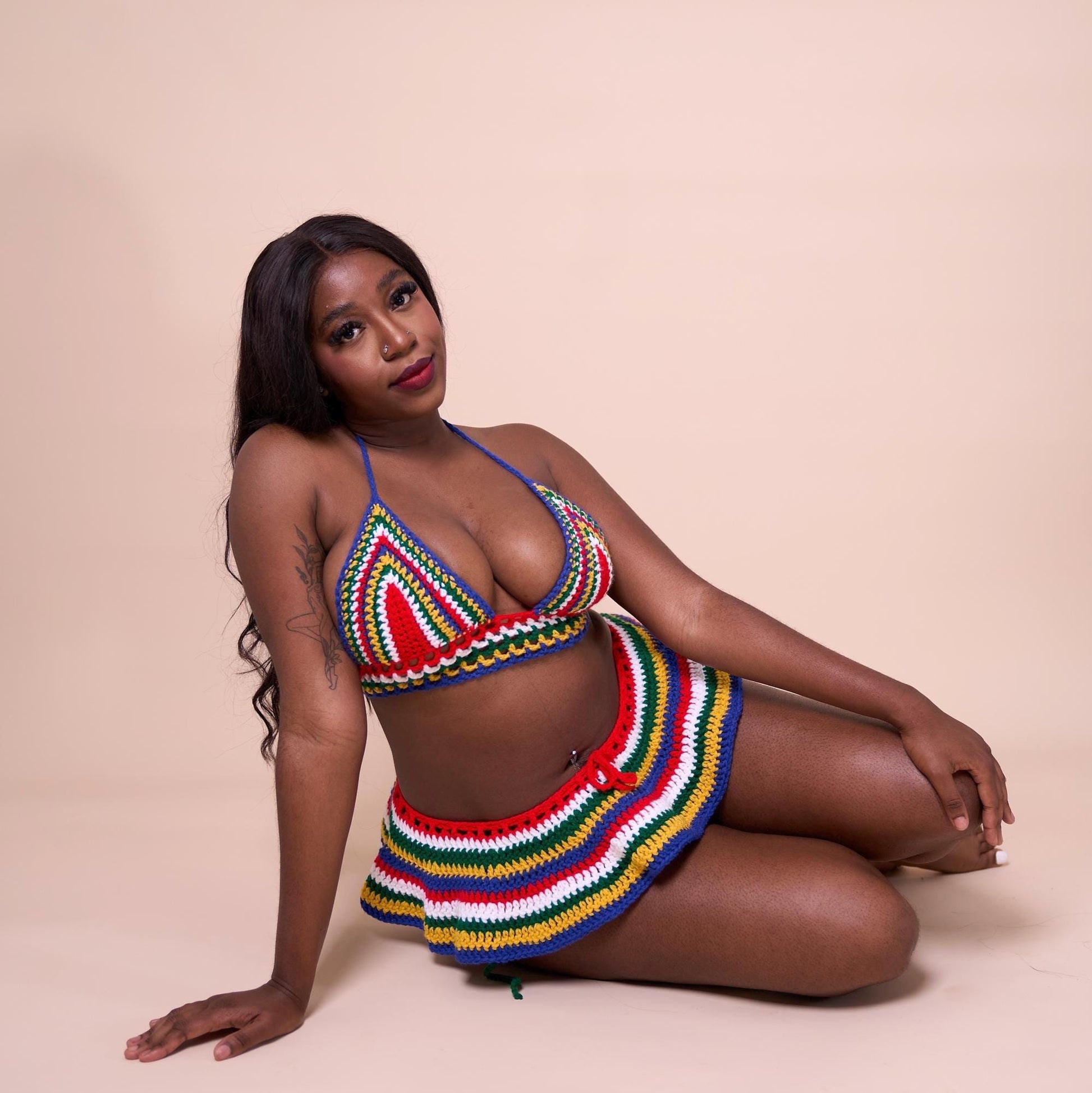 Handmade South Africa Crochet Bikini 3 Piece Matching Set with Micro Mini Skirt Cover Up