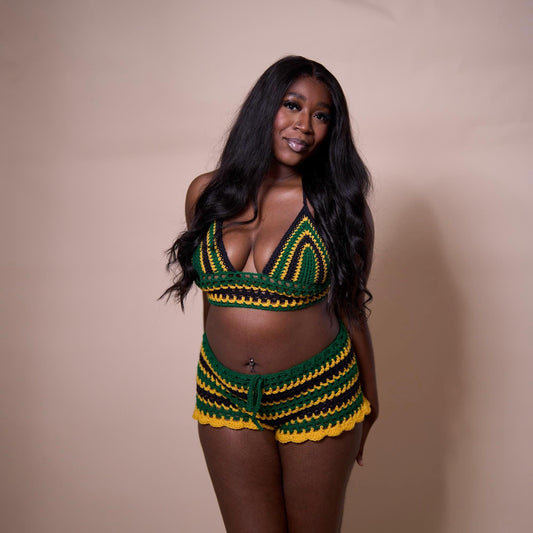 Jamaican Rasta Crochet Shorts with Crop Top and Bucket Hat Matching Set