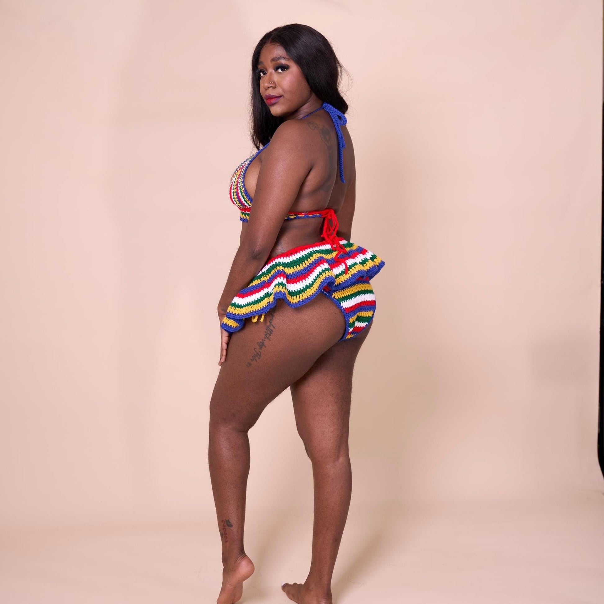 Handmade South Africa Crochet Bikini 3 Piece Matching Set with Micro Mini Skirt Cover Up